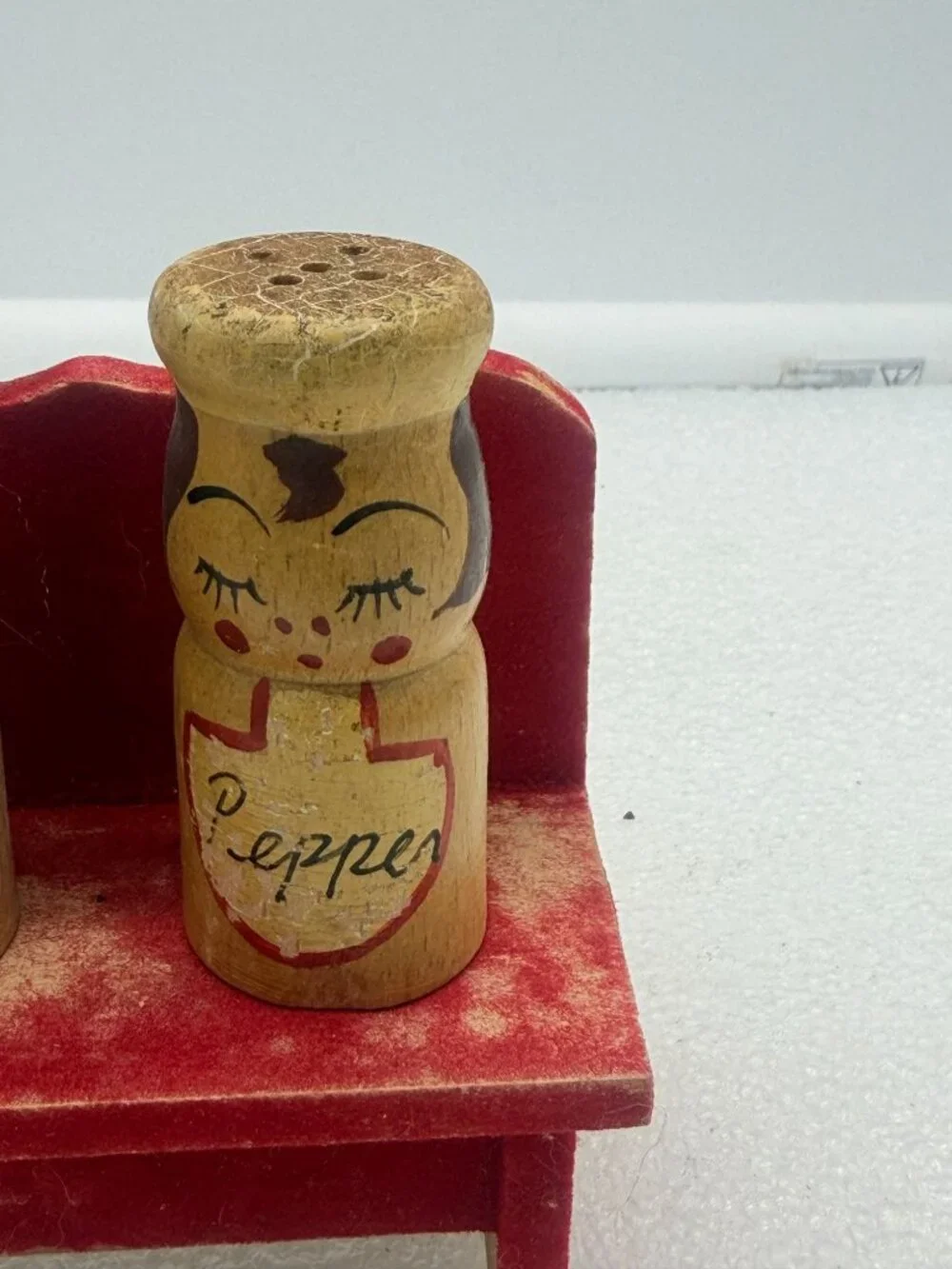 Vintage Wood Peg Chef Salt and Pepper Shakers and Red Bench Holder Japan